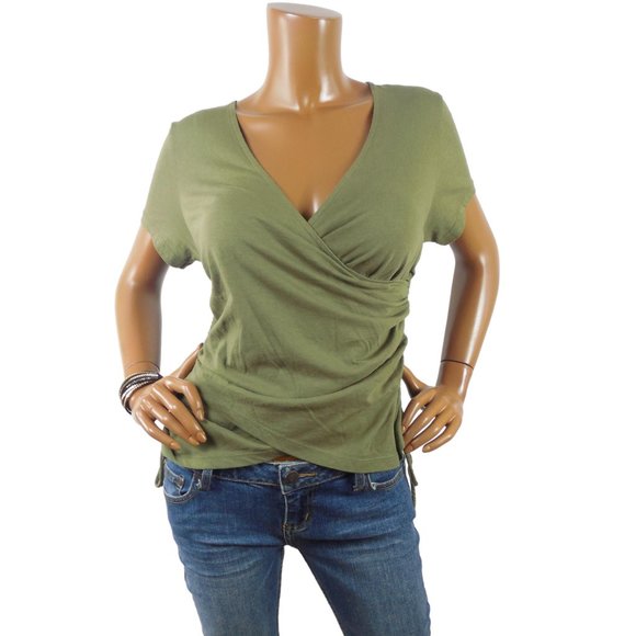 INC International Concepts Tops - INC Top L Green V-Neck Shirt Drawstring Sides Short Sleeves Casual Blouse